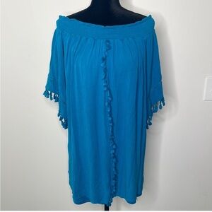 Turquoise/Teal Xhilaration off the shoulder blouse/tunic with tassels, size XL